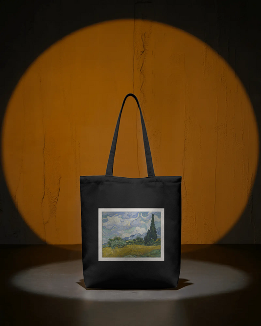Black Tote Bag with a Van Gogh-inspired Patch.